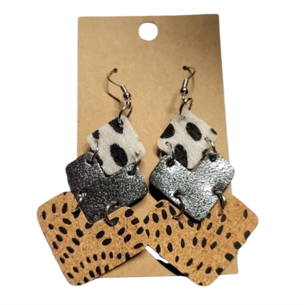 Faux leather dangle double sided black, cow print, spotted new earrings